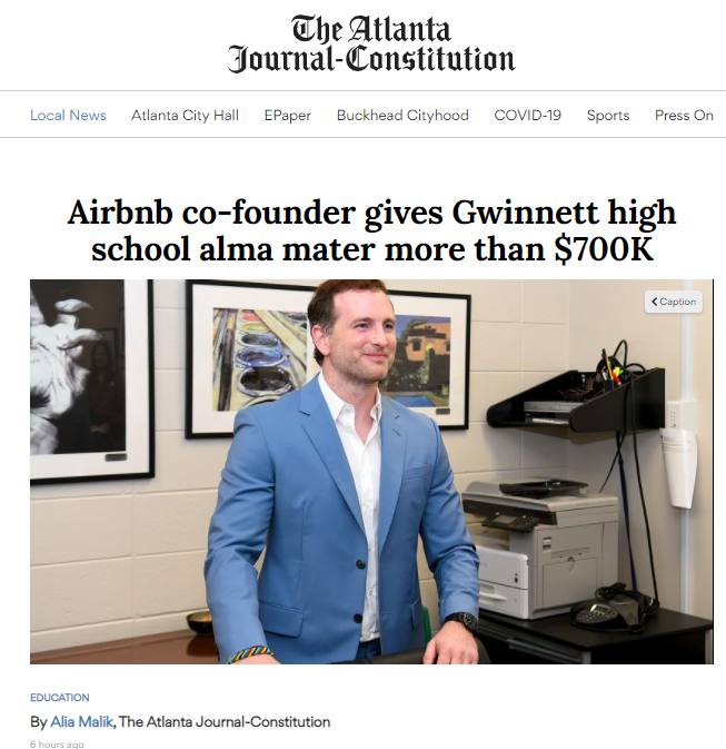 Click to read article about Airbnb co-founder's $700,000 donation to Brookwood.
